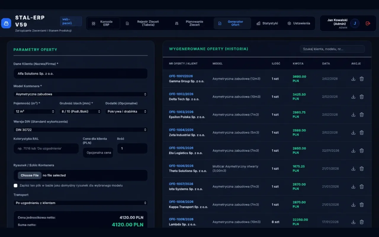 StalERP — generator ofert z parametrami kontenera i historią wycen