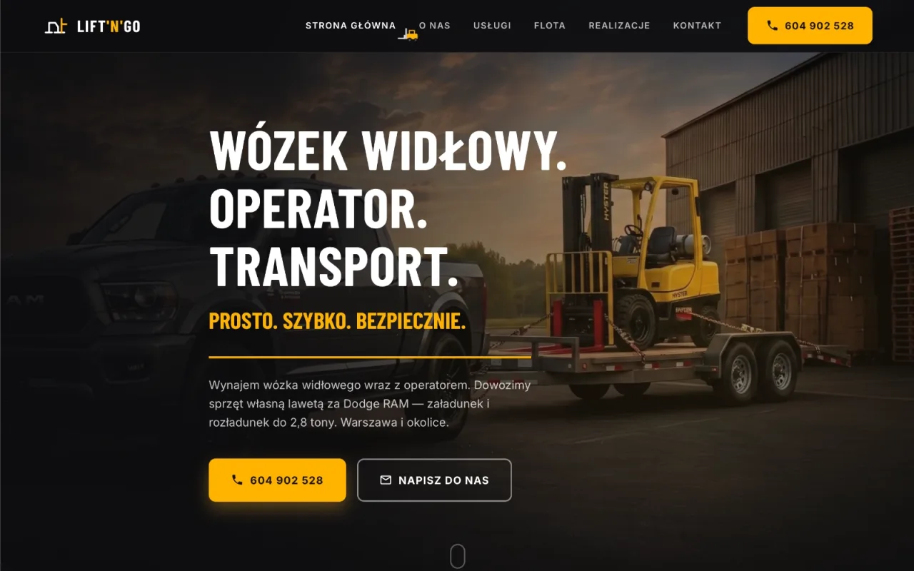liftngo.pl — sekcja powitalna z ofertą wynajmu wózków widłowych