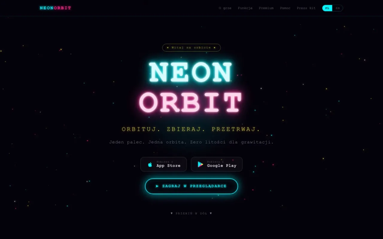 Neon Orbit – strona główna z neonowym logo i przyciskami sklepów