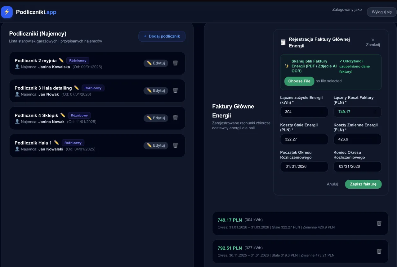 Podliczniki.App — lista najemców i rejestracja faktury z automatycznym odczytem z pliku