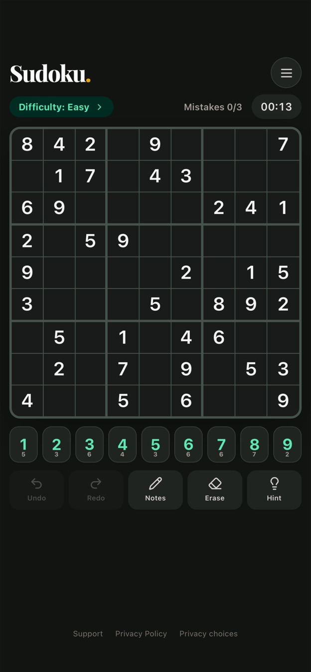 Rozgrywka Sudoku: Daily Focus w ciemnym motywie